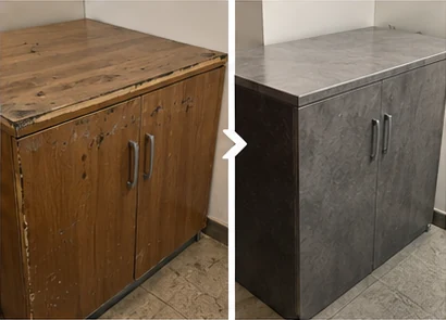A worn wooden cabinet before, and the same cabinet refinished in a grey stone-effect film after