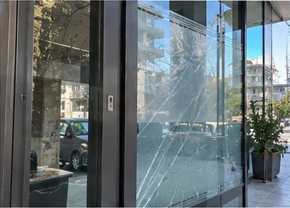 A cracked glass pane still held in place in its frame