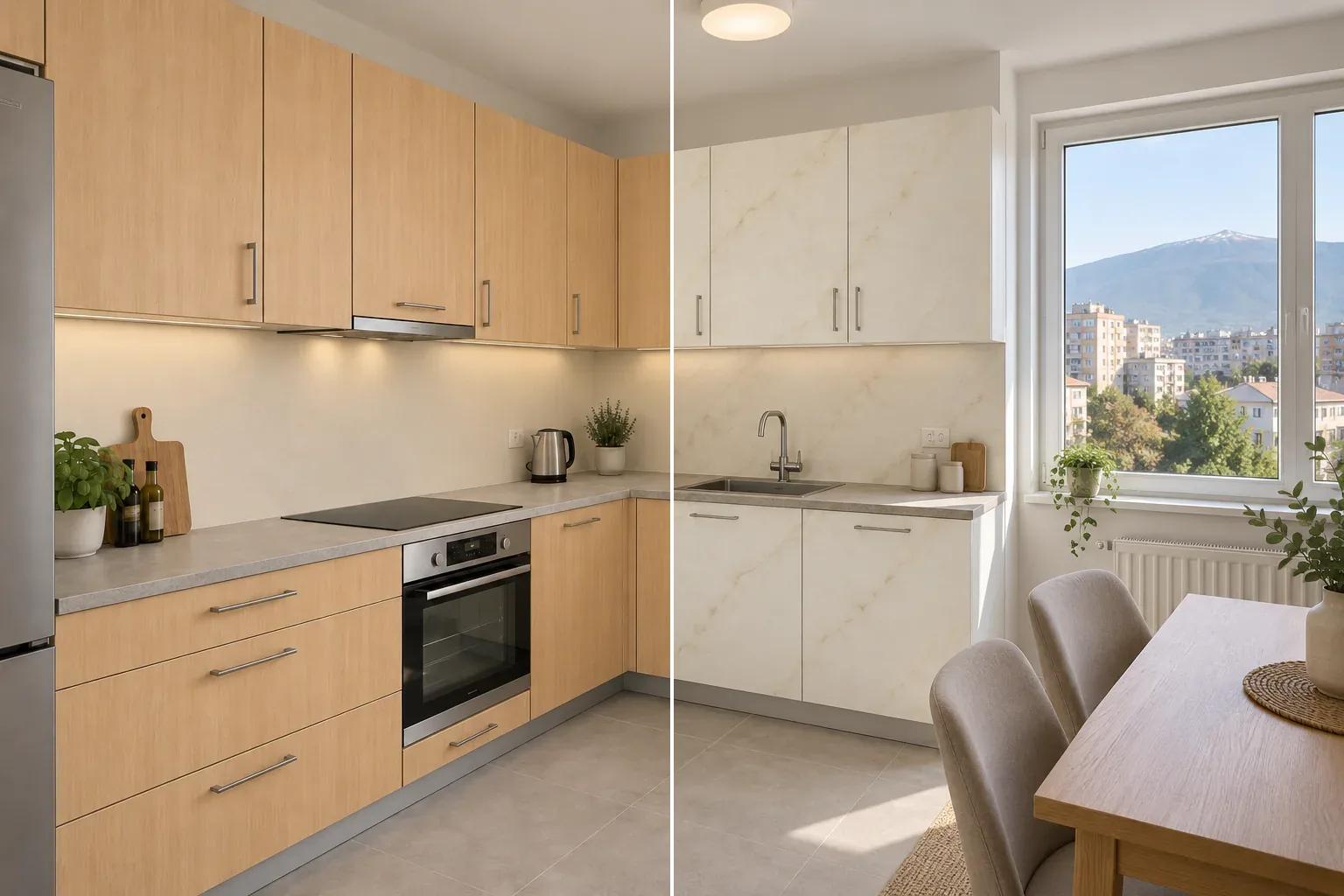 The same fitted kitchen split down the middle: plain light-wood fronts before on the left, marble-effect architectural film after on the right