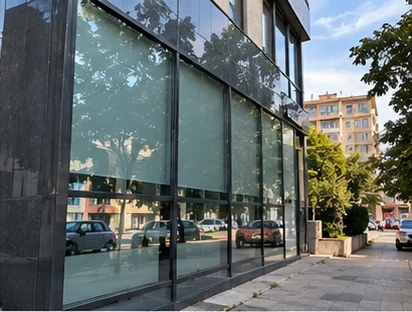 Street-level glazing on a commercial building, filmed from the pavement